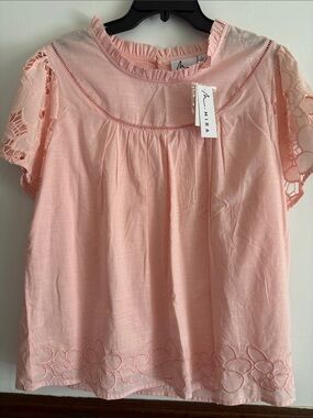 Mira Pink Crochet Sleeve Cotton Blouse with Flowers Womens